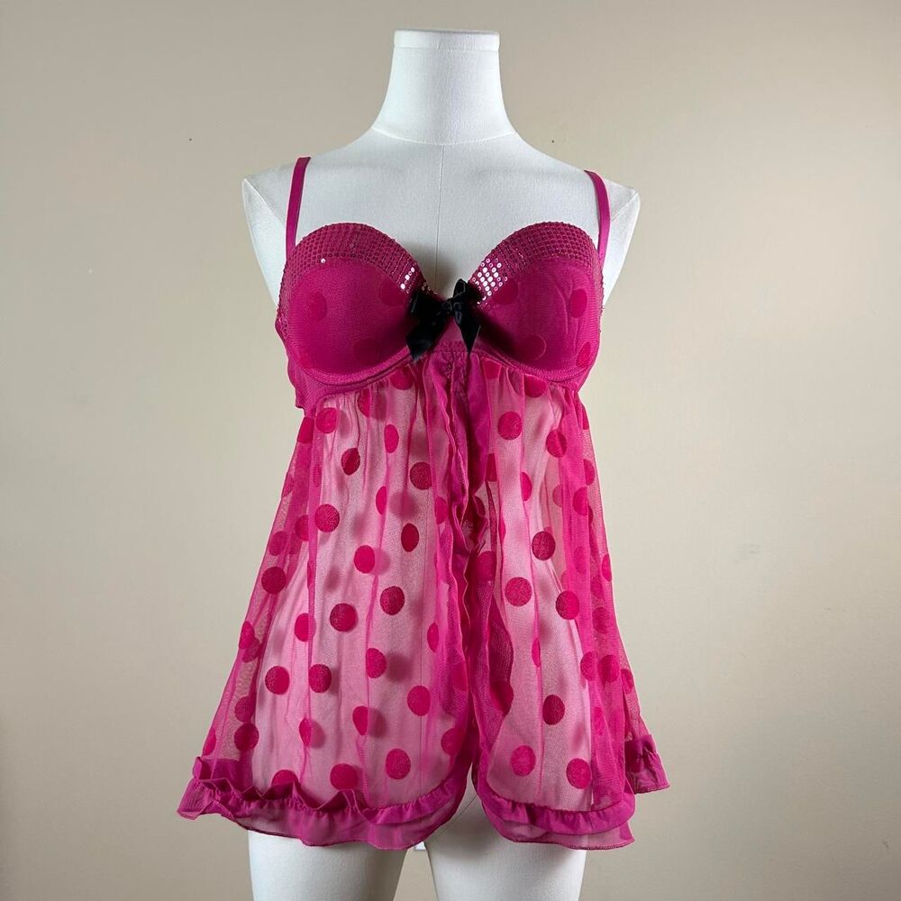 True Desire Pink Sequin Polka Dot Slip with Black Bow